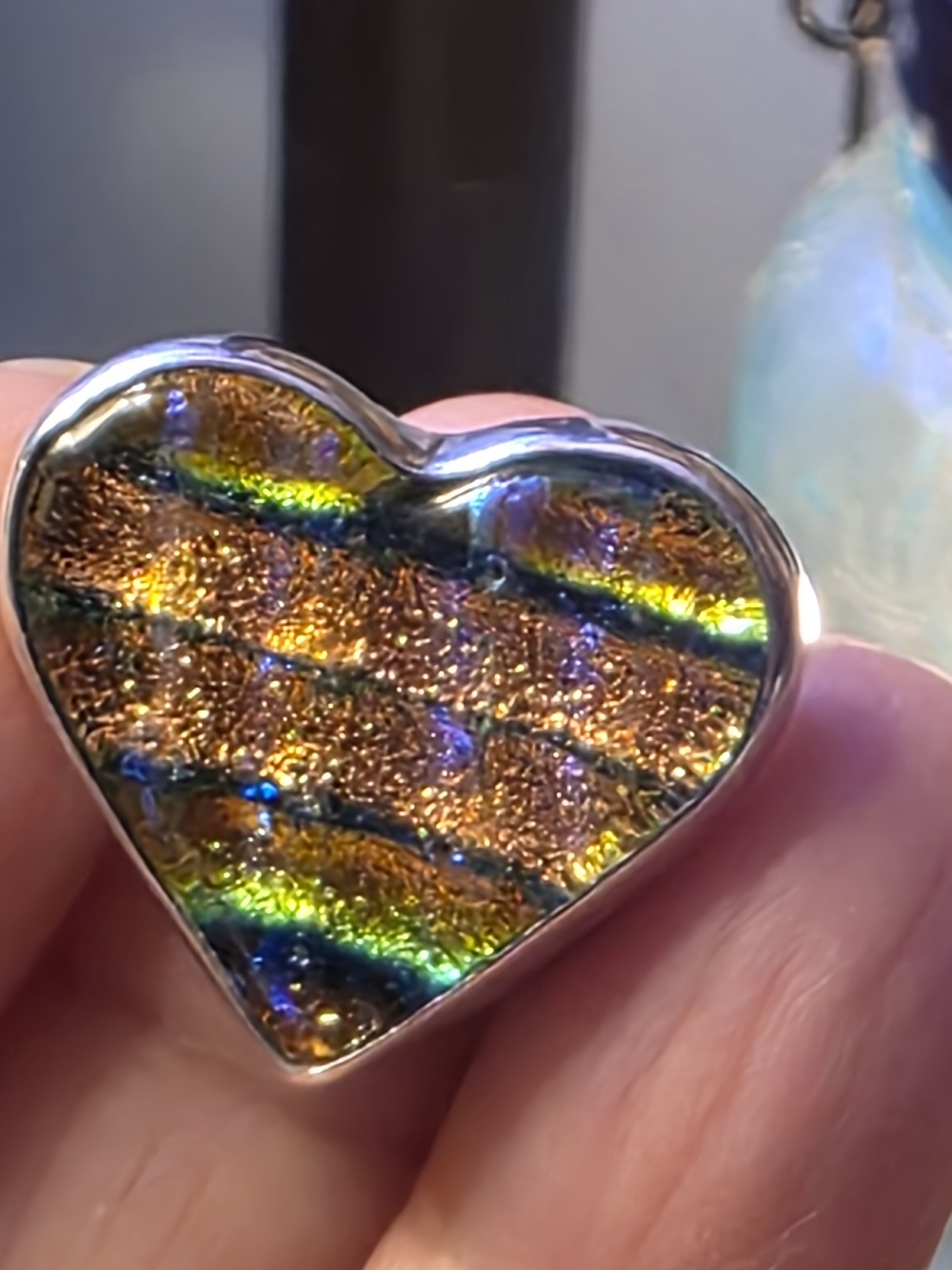 Sterling Silver Heart-Shaped Dichroic Glass Pendant in Gold and Green 7-7.5